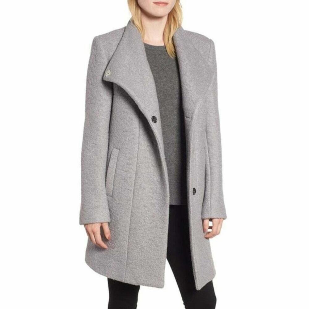 Kenneth Cole Wool Blend Wrap Coat Women Large Gray Shawl Collar Winter Cozy Chic